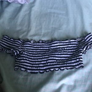 black and white striped off the shoulder swim top
